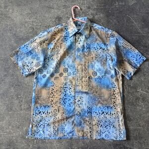 Vintage Georg Roth Shirt Mens M Geometric Tribal Blue Short Sleeve Button Up